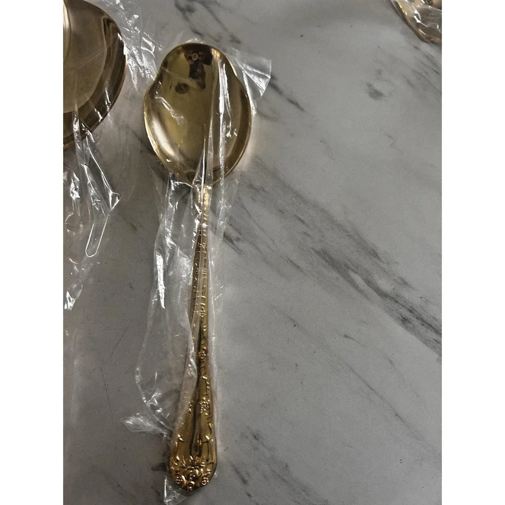 WM Rogers & Son Gold Tone Serving Spoon Meat Fork Soup Ladle Enchanted Rose A